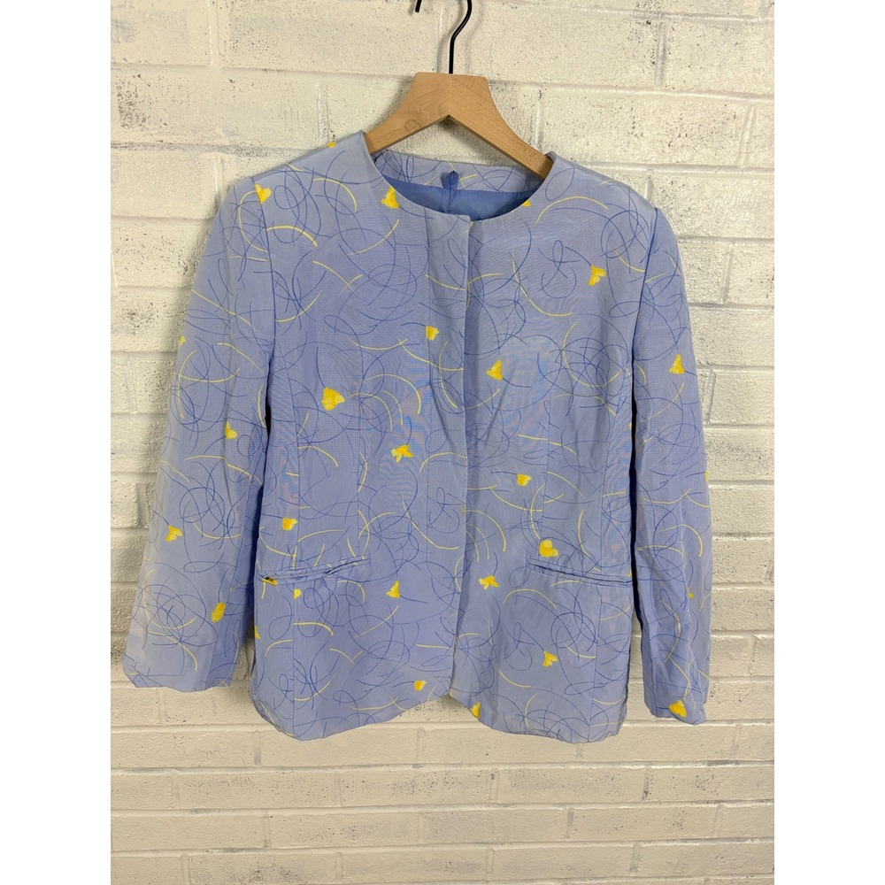 Louis Feraud Blazer Womens 10 Blue Yellow Abstract Print Collarless Vintage